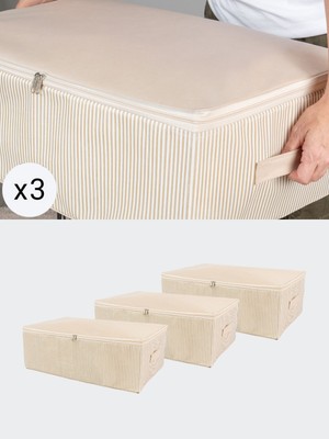 PremiumPort 3'lü Mega Boy Krem Çizgi Desenli Baza Altı Düzenleyici Hurç Seti