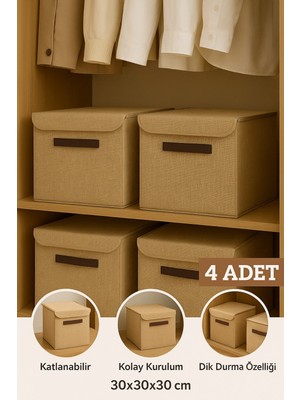PremiumPort Dörtli Jüt Kapaklı Kumaş Düzenleyici Kutular, 30X30X30 Cm, Katlanabilir