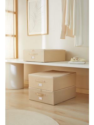 PremiumPort 3’lü Orta Boy Bej Balıksırtı Baza Altı Valiz Düzenleyici Kutu