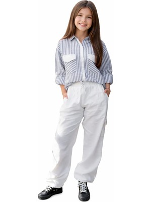 İrem Çocuk Giyim Kız Çocuk Kapak Cep Model Indigo Çizgili Katlamalı Kol Gömlek Pantolon Oversize İkili Takım