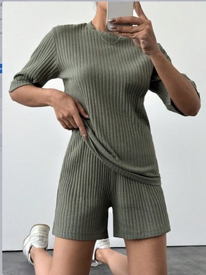 Infivento Kadın Kısa Kollu Bisiklet Yaka Kaşkorse Bluz Şort Ikili Takım