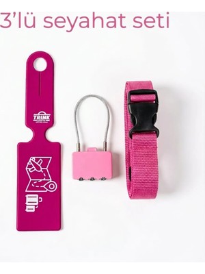 Trink Çanta 3' Lü Seyahat Seti   (  Valiz Etiketi  +  Valiz Kilidi  +  Valiz Kemeri )  Pembe