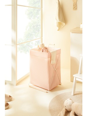 PremiumPort Katlanabilir Pembe Dama Desenli Metal Destekli Çamaşır ve Oyuncak Sepeti