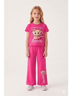 Cansın Mini Pembe Ballerin Baskılı Geniş Paça Taytlı Kız Çocuk 2li Takım  23798