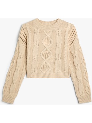 Koton Crop Kazak Ajurlu Yuvarlak Yaka Uzun Kollu