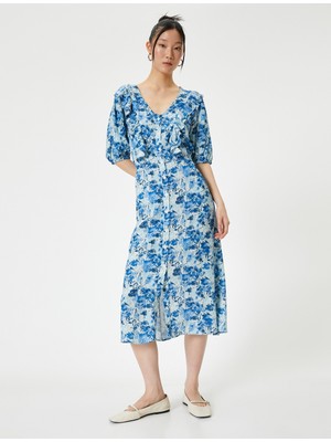 Koton Maksi Çiçekli Elbise Kısa Balon Kol Düğmeli V Yaka