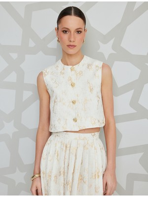 Koton Gold Düğme Detaylı Desenli Müslin Crop Yelek