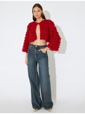 Koton Crop Püsküllü Dokulu Düğme Detaylı Hırka