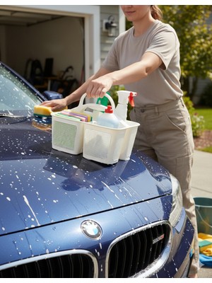 PremiumPort Bölmeli Temizlik Saklama Sepeti, Organizer ve Tutacaklı Çok Amaçlı Kutu