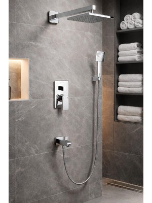 Mistillo Ankastre Duş Seti 3 Yönlü Kare 200x200 mm – Paslanmaz Pirinç Krom Kaplama