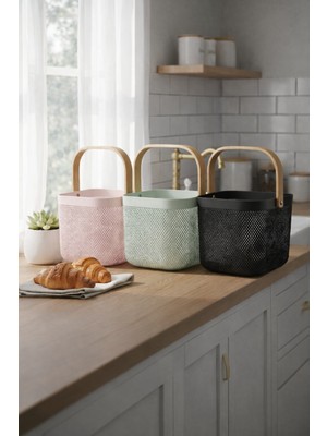 PremiumPort Beyaz Ahşap Saplı Kare Metal Tel Sepet, Modern Dekoratif Sunum ve Meyvelik