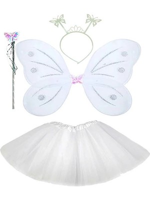 Hayat Store Beyaz Kelebek Kostümü - Beyaz Kelebek Kostüm Aksesuar Seti 4 Parça