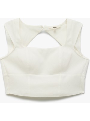 Koton Kırık Beyaz Kare Yaka Kap Kol Keten Crop Top