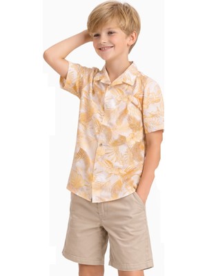 İrem Çocuk Giyim Erkek Çocuk Yaprak Desenli Düğme Kapamalı Sarı Renk Kısa Kol Gömlek