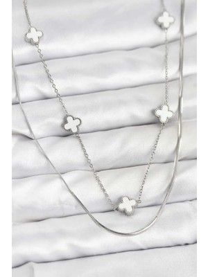 316L Çelik Zincir Gümüş Renk Italyan Zincirli Yonca Model Kadın Kolye (VICE/1395)