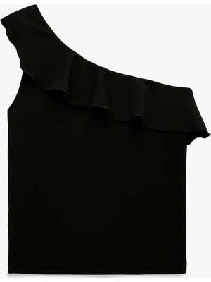 Koton Slim Fit Fırfırlı Kolsuz Fitilli Tek Omuz Bluz