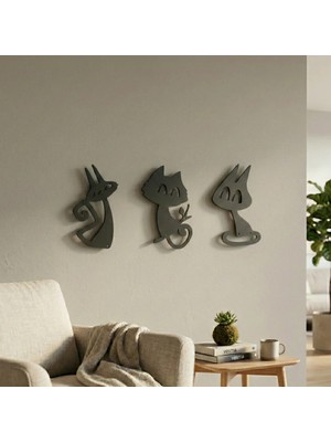 Bezos 3’lü Dekoratif Kedi Duvar Tablosu Mdf Lazer Kesim Modern Duvar Süsü Minimal Kedi Figürlü Dekor