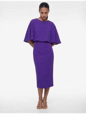 Koton Yırtmaçlı Yuvarlak Yaka Volümlü Kısa Yarasa Kollu Midi Kalem Elbise