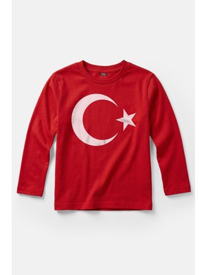 Kendim Seçtim Kırmızı Türk Bayraklı Ay Yıldız Baskılı Uzun Kollu Çocuk Tişört