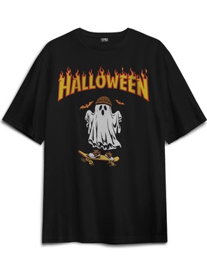 Kendim Seçtim Halloween Ghost Skateboard Skate Kaykay Hayalet Thrasher Korku Baskılı Oversize Siyah T-Shirt