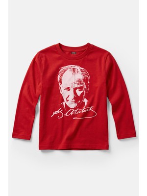Kendim Seçtim Mustafa Kemal Atatürk Baskılı 23 Nisan Uzun Kollu Kırmızı Çocuk Tişört
