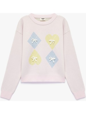 Koton Fiyonk Detaylı Uzun Kollu Bisiklet Yaka Desenli Triko Kazak