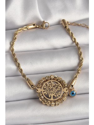 316L Çelik Gold Renk Burgu Zincir Model Dorika Yaşam Ağacı Figür Nazar Boncuk Detay Kadın Bileklik (VICE/1395)