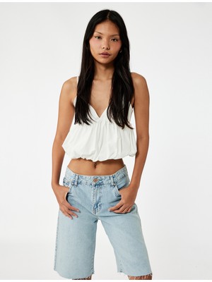 Koton Volanlı V Yaka Pamuklu Slim Fit Askılı Poplin Crop Bluz