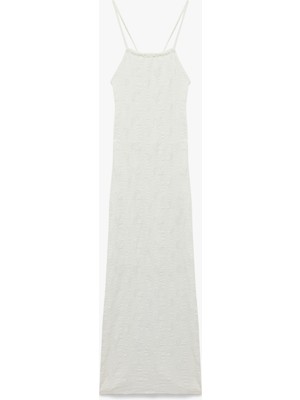 Koton Bürümcük Kumaş Slim Fit Yırtmaç Detaylı Sırt Dekolteli Halter Yaka Uzun Elbise