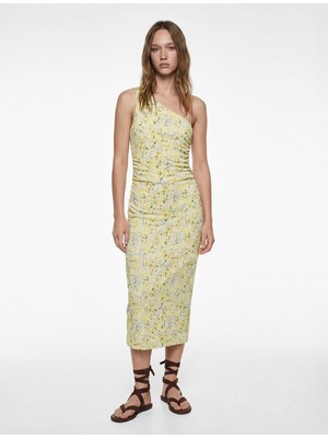 Koton Tek Omuz Büzgülü Kolsuz Çiçekli Uzun Elbise