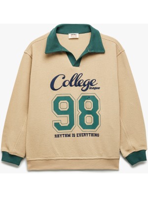 Koton Pamuklu Uzun Kollu Kolej Nakışlı Polo Yaka Sweatshirt