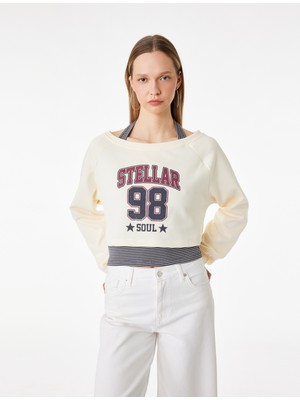 Koton Rahat Kalıp Uzun Kollu Boyundan Bağlama Detaylı Crop Baskılı Sweatshirt