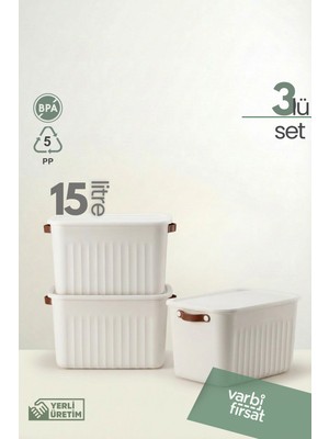 PremiumPort Beyaz 15 Lt Çok Amaçlı Kapaklı Düzenleyici 3’lü Set