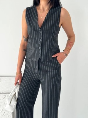 Adisia Kadın Çizgili Tansel Kumaş Yelek Pantolon Ikili Takım Ofis Şık Modern - Füme