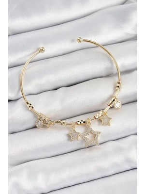 Pirinç Zirkon Taşlı Yıldız Model Gold Renk Charm Bileklik (VICE/1395)
