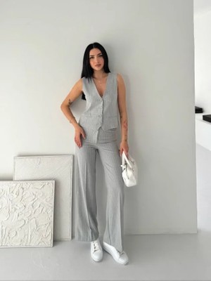 Adisia Kadın Çizgili Tansel Kumaş Yelek Pantolon Ikili Takım Ofis Şık Modern - Gri