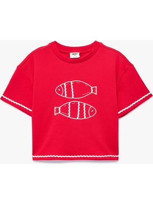 Koton Balık Baskılı Bisiklet Yaka Kısa Kollu Pamuklu Tişört