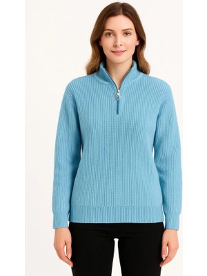 Adisia Kadın Yarım Fermuarlı Triko Kazak – Selanik Örgü, Dik Yaka, Pamuklu Dokuma, Oversize Uzun Kollu Kışlık Model - Bebe Mavisi