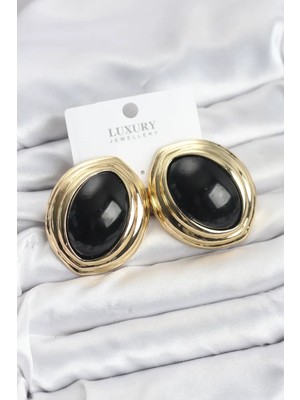 Pirinç Siyah Badem Model Vintage Gold Kadın Küpe (VICE/1395)