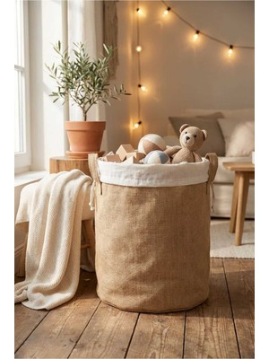 PremiumPort Şık Hasır Dokulu Dekoratif Sepet, Büzgü Kapamalı, Bej 38X40 cm