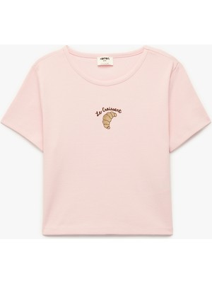 Koton Nakış Detaylı Bisiklet Yaka Kısa Kollu Pamuklu Tişört