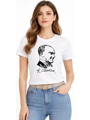 3 Kadın Atatürk Baskılı Tişört Kısa Kollu Bisiklet Yaka T-Shirt - Beyaz