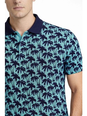 3 Erkek Pike Kumaş Polo Yaka Palmiye Desenli Tişört Kısa Kol Yazlık T-Shirt - Turkuaz