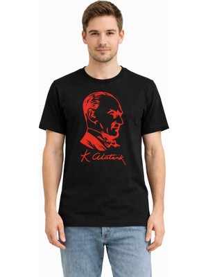 3 Erkek Atatürk Baskılı Tişört Kısa Kollu Bisiklet Yaka T-Shirt - Siyah