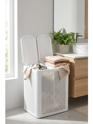 PremiumPort Pratik Çift Gözlü Kapaklı Çamaşır Sepeti, Şık ve Kullanışlı Tasarım