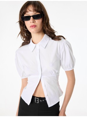 Koton Pamuklu Slim Fit Kısa Balon Kollu Klasik Yaka Crop Bluz