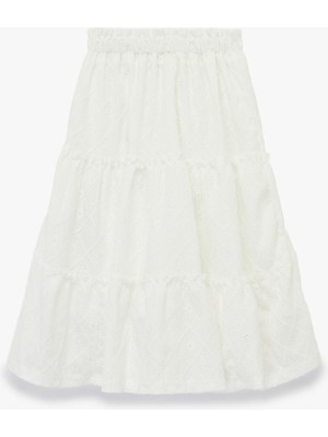 Koton Brodeli Beli Lastikli Kat Detaylı Midi Etek