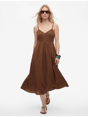 Koton Bol Kalıp V Yaka Cepli Kemer Detaylı Askılı Modal Midi Elbise