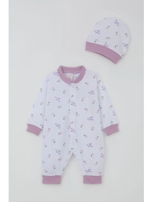 Breeze Kız Bebek Tulum Çiçek & Yazı Desenli 0-6 Ay, Beyaz