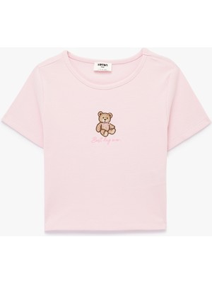 Koton Ayıcık Nakışlı Kısa Kollu Bisiklet Yaka Pamuklu Tişört